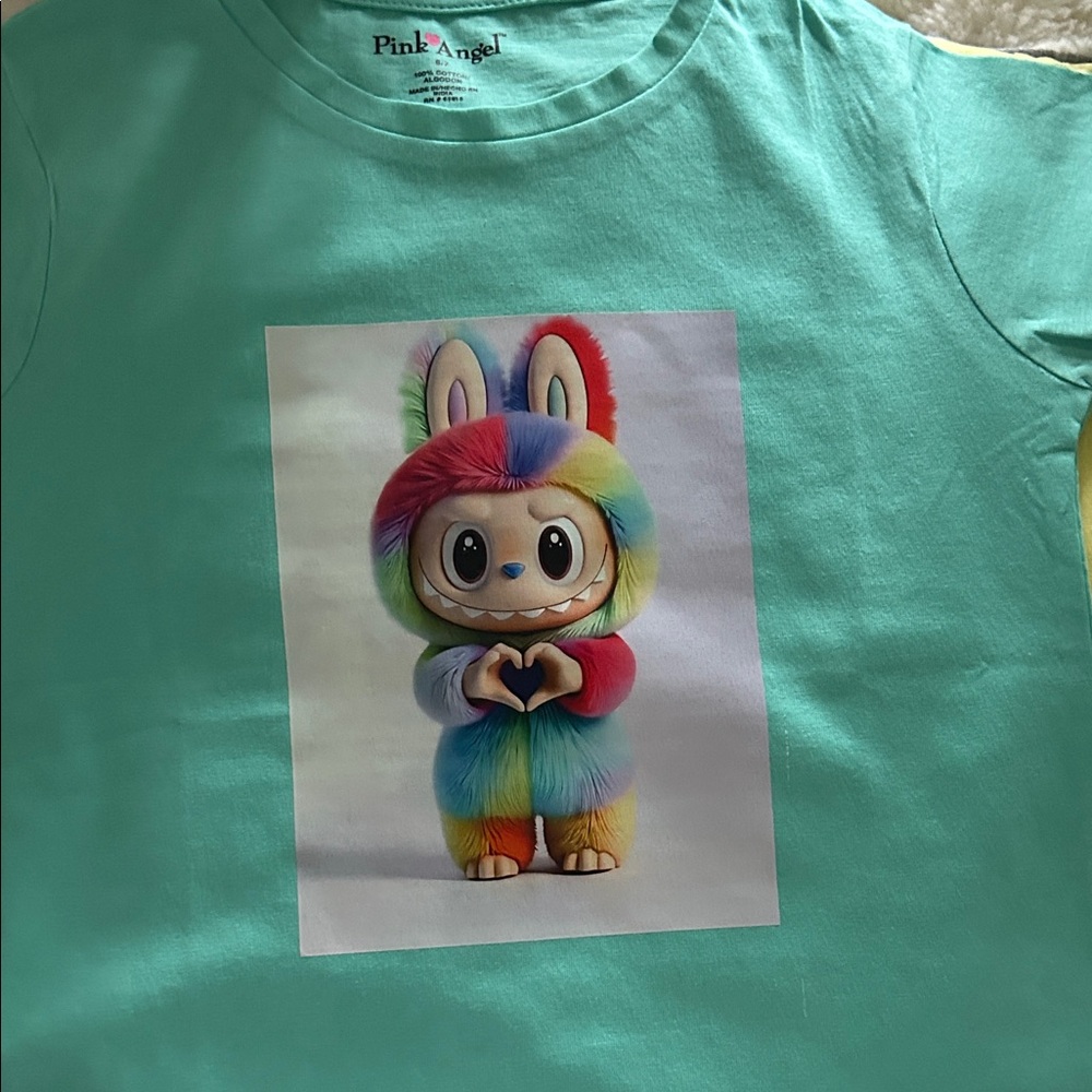 Pink Angel Teal T-Shirt with Colorful Character Print